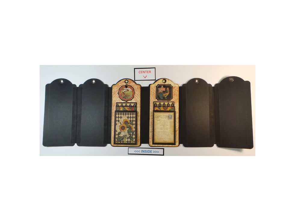 These two tags go in the center positions on the INSIDE of the mini-album. Use Scor-Tape or preferred adhesive to attach them.