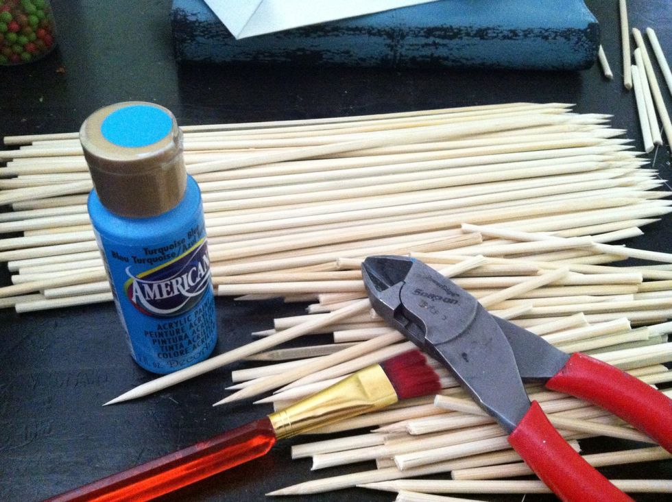 These were long skewers that I fluctuated cutting in half or in thirds using my husbands heavy dikes.