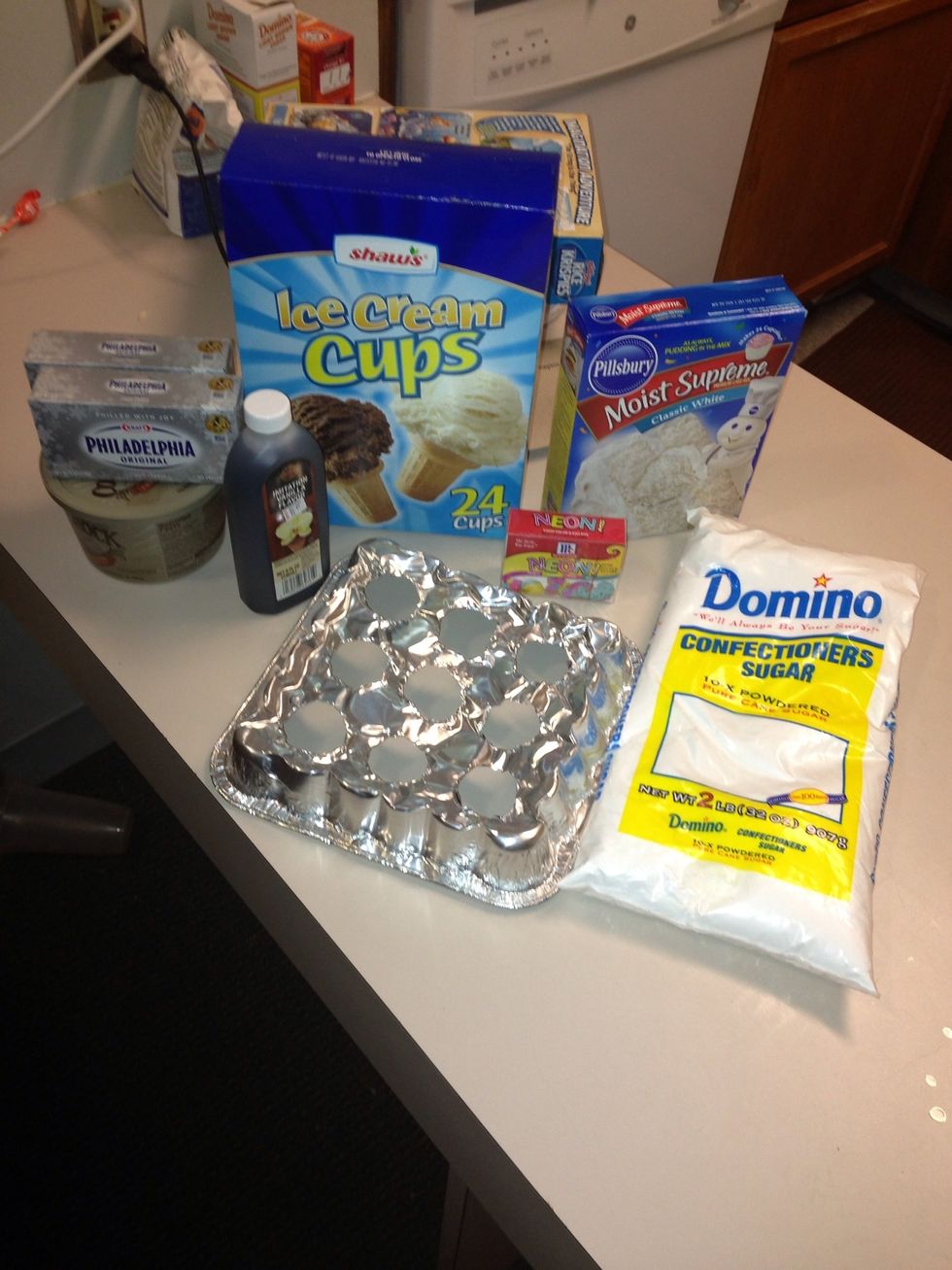 These were my supplies and ingredients because I also made a cream cheese frosting from scratch, but store bought is fine