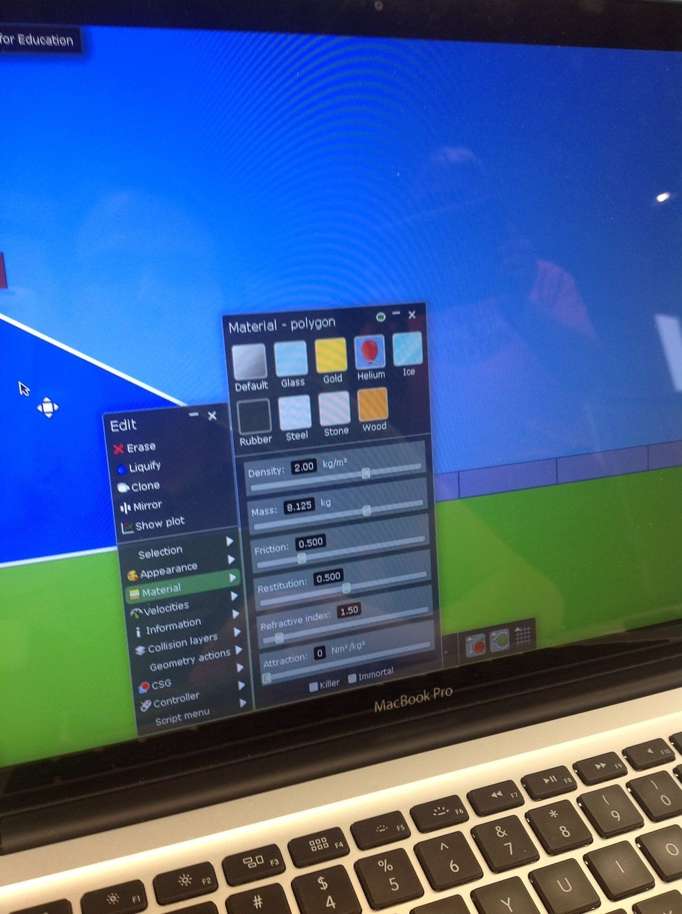 They can select different materials like gold rubber, ice, and glass.