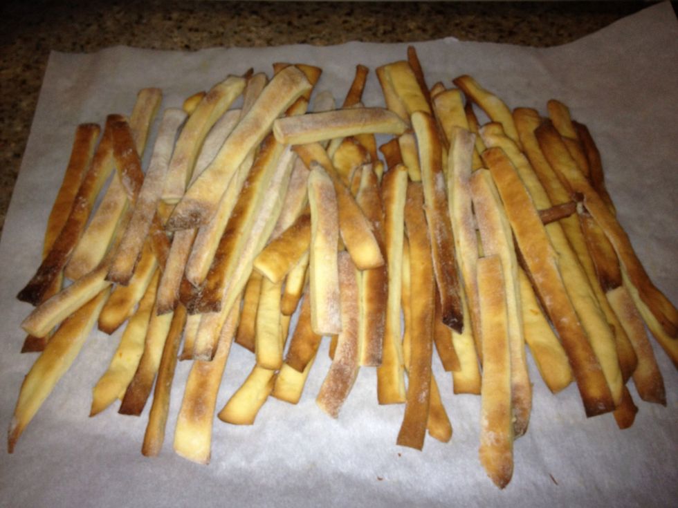 They should be golden and crispy, make sure they snap and are not soft in the middle.