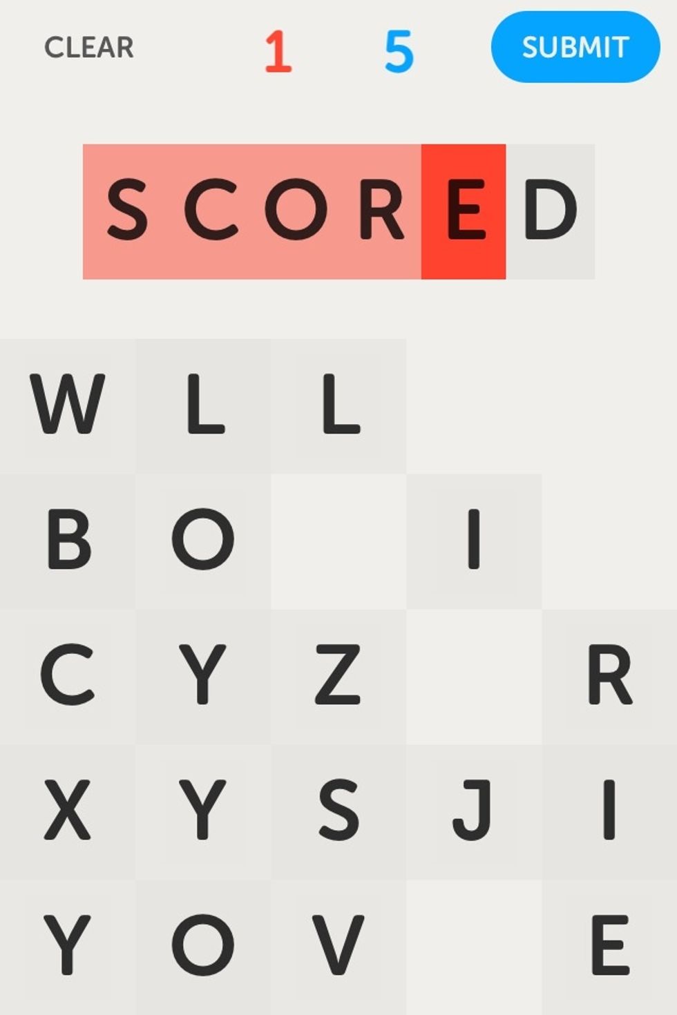 They spelled SCORE. I can choose any tiles (unlike Boggle), and the limit of letters is 25. You can use suffixes, but not prefixes (SOCK - SOCKS, not BLOCKS - BLOCK). LP's dictionary is fantastic.