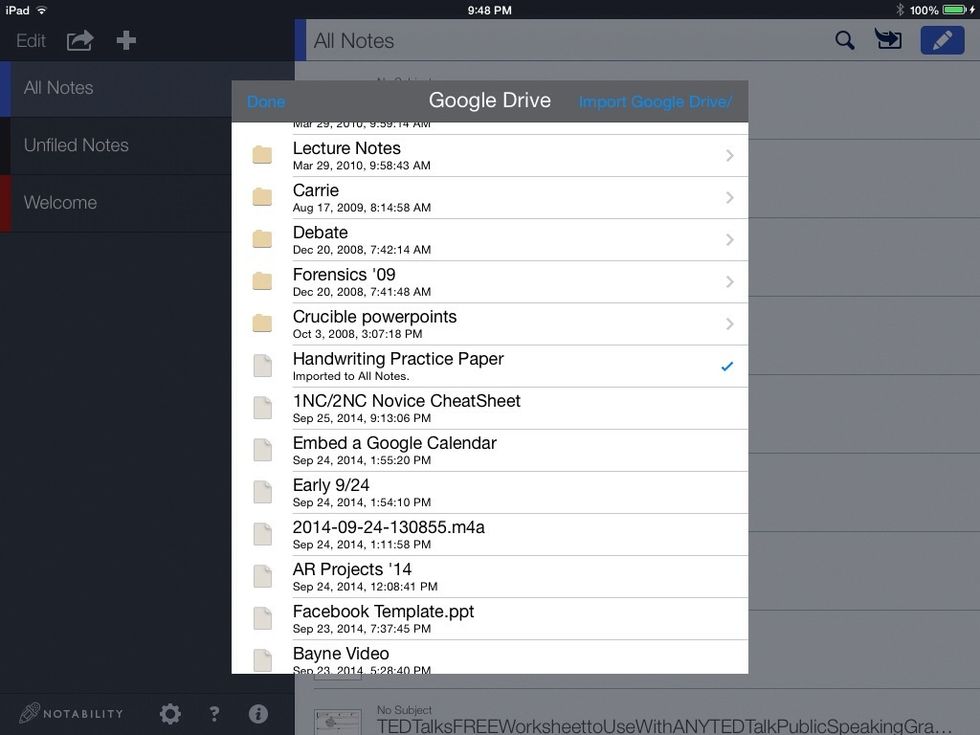 They would Import from Google Drive. Again, ignore my clutter. Their Drive would be empty except for the Handwriting Practice file checked here. I would share that in Drive prior to this lesson.