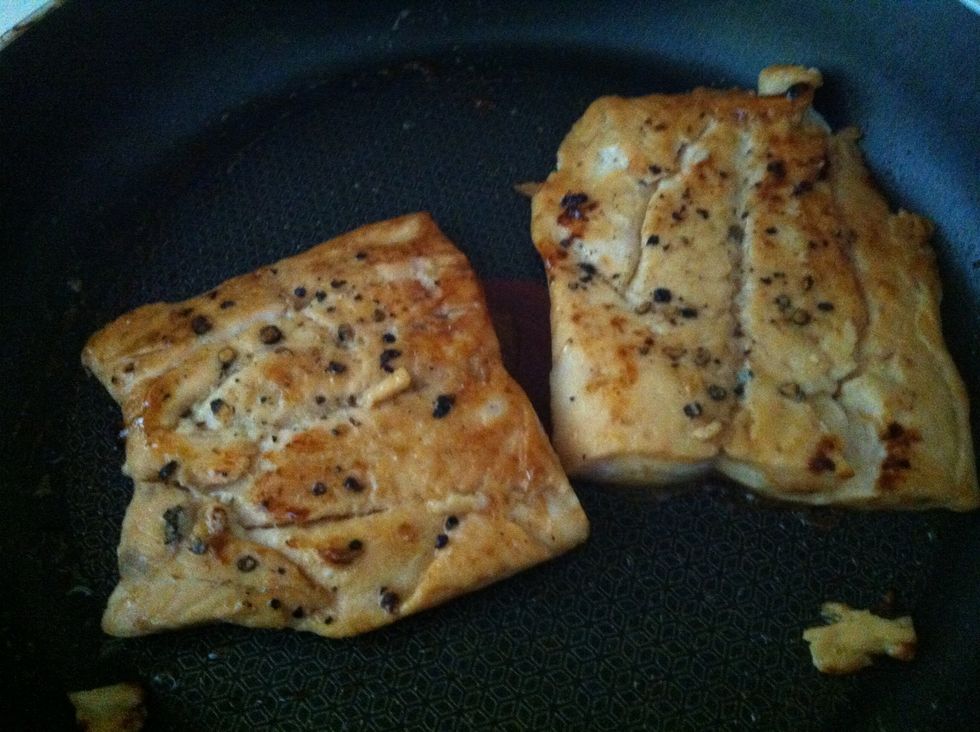 Theyre done!! The soy sauce gives them a perfect golden color on the outside but it's perfectly pink on the inside