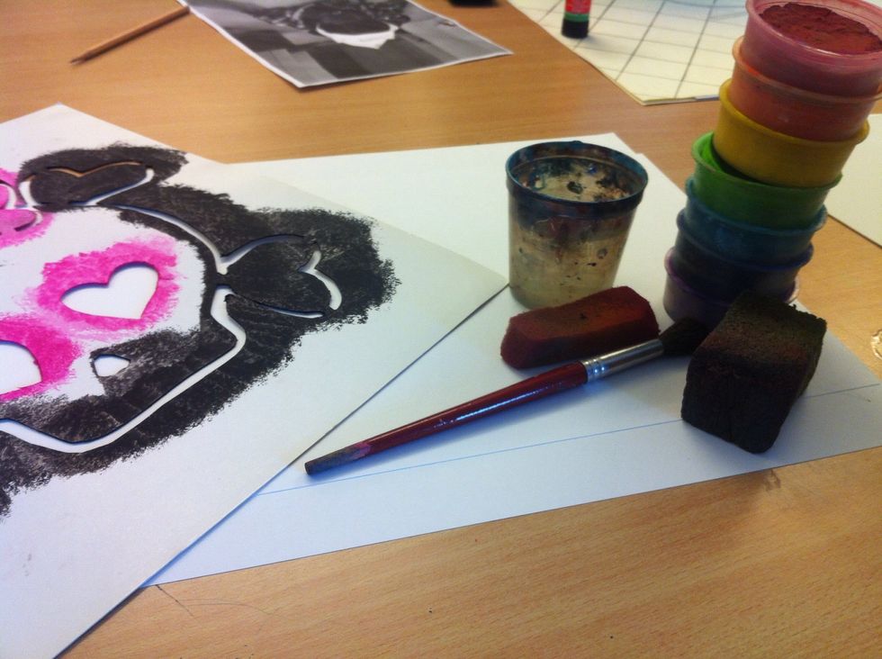 Things I use, My own stencil (a cute skull) sponge, brush, paper, water and 7 colors