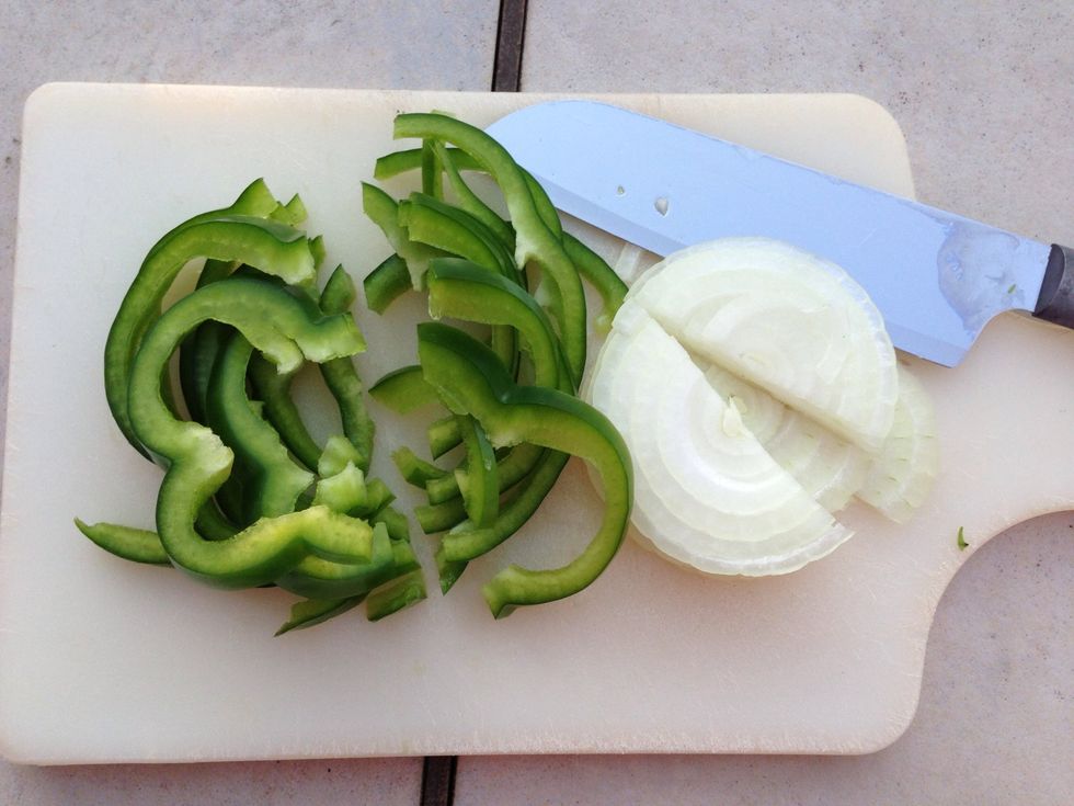 Thinly chop your onion and green bell pepper.