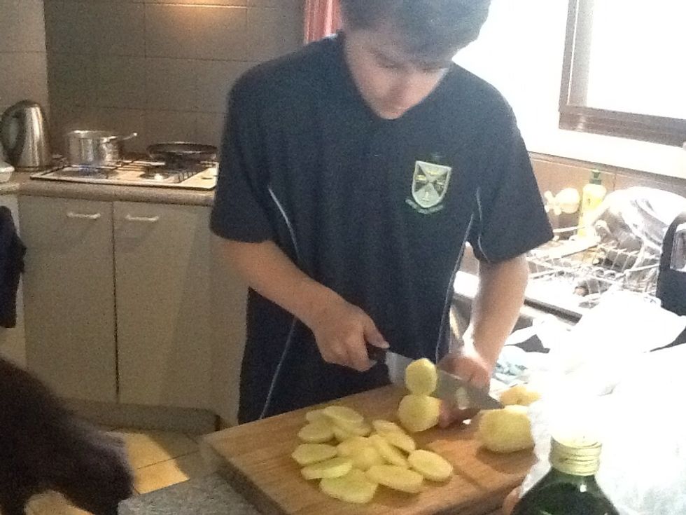 Thinly dice the potatoes.