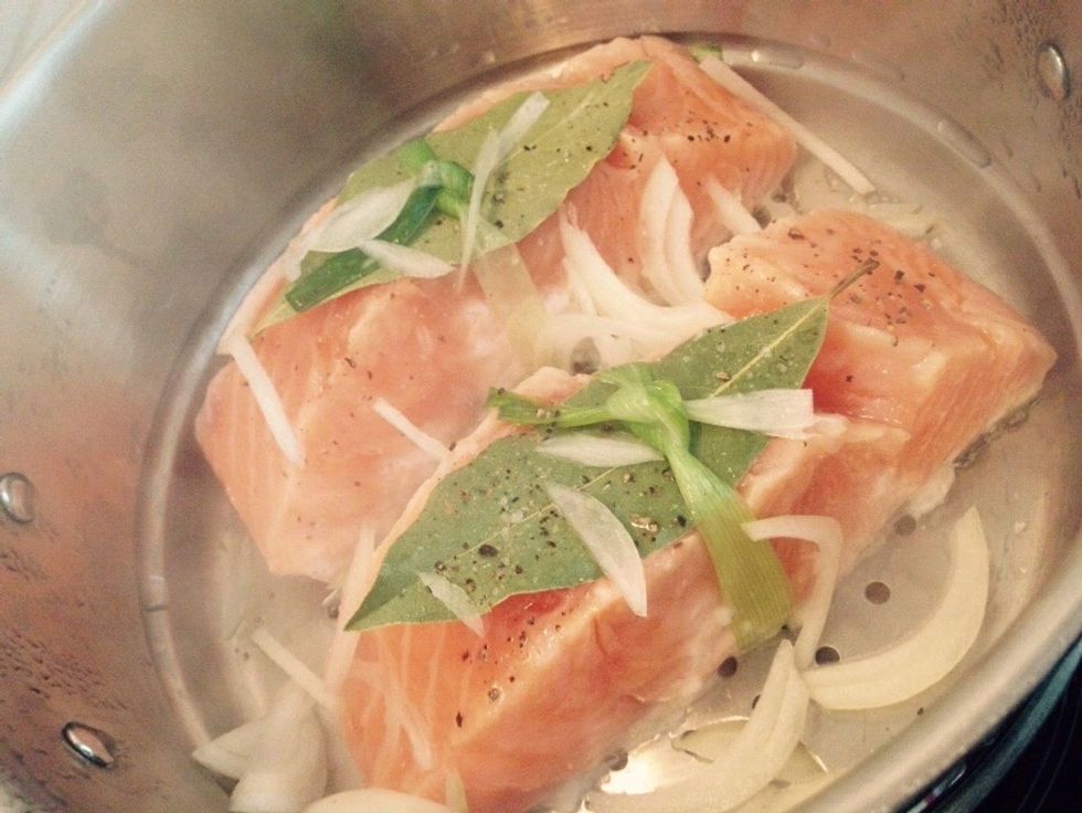 Thinly slice 1/2 of the onion and add it to the steamer together with the fillets. Steam cook for about 20min or until cooked throughout. It really depends on the thickness of the fillet
