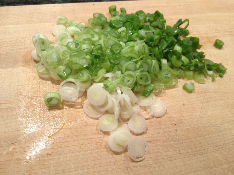 Thinly slice a bunch of green onions.
