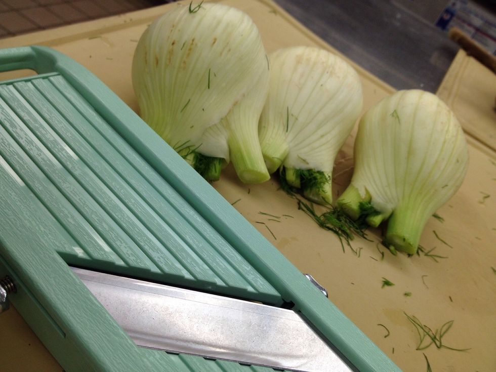 Thinly slice fennel bulbs