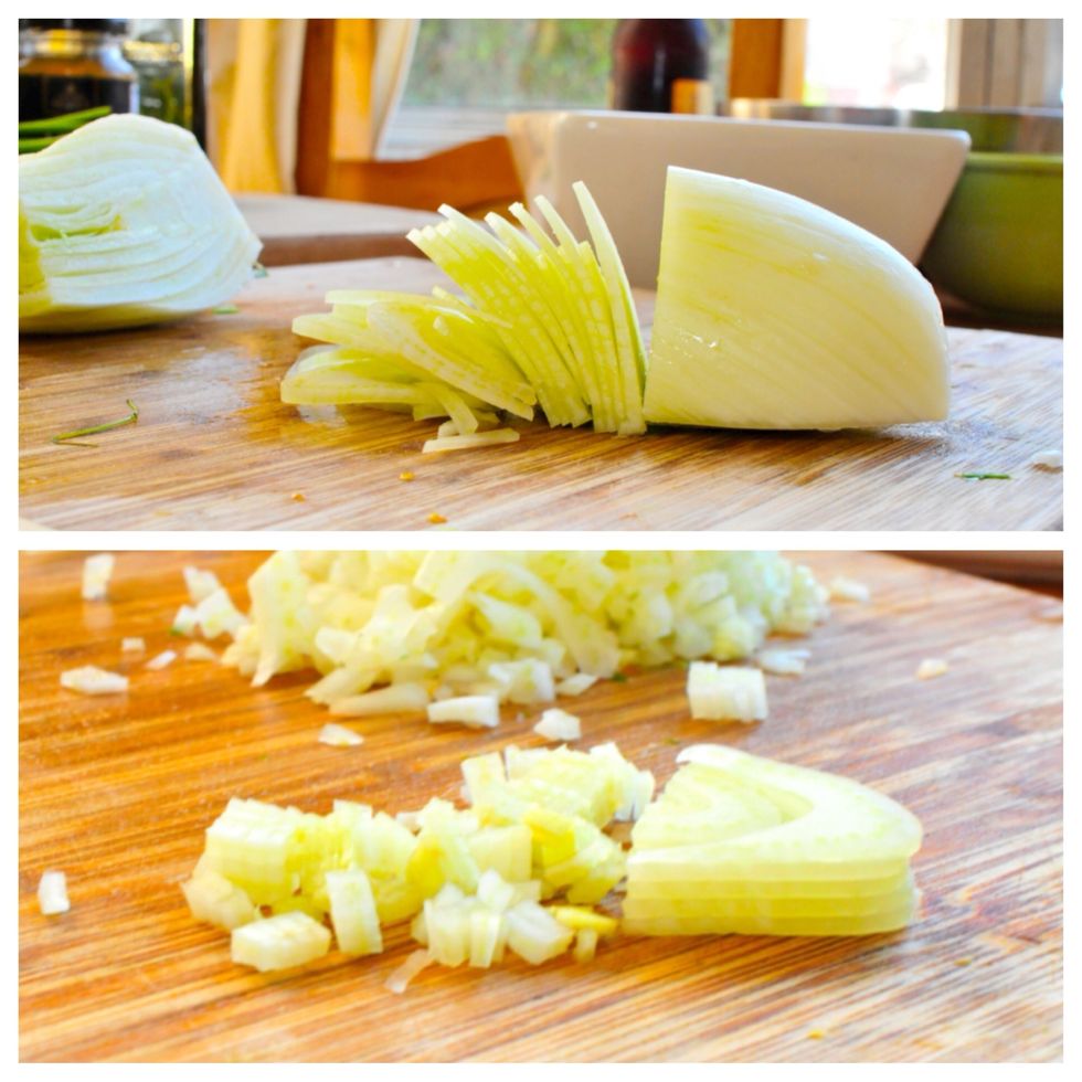 Thinly slice the fennel then stack the slices and dice it small.  I love fennel but it can be really string in flavor so you don't need that much.
