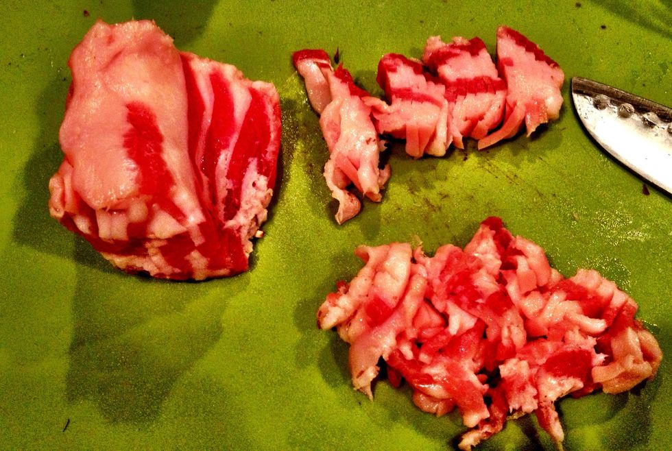 Thinly slice three tbsp of salt pork. If you can't find any, it's also delicious with bacon. Salt pork is best ... But come on, bacon ... Bacon.