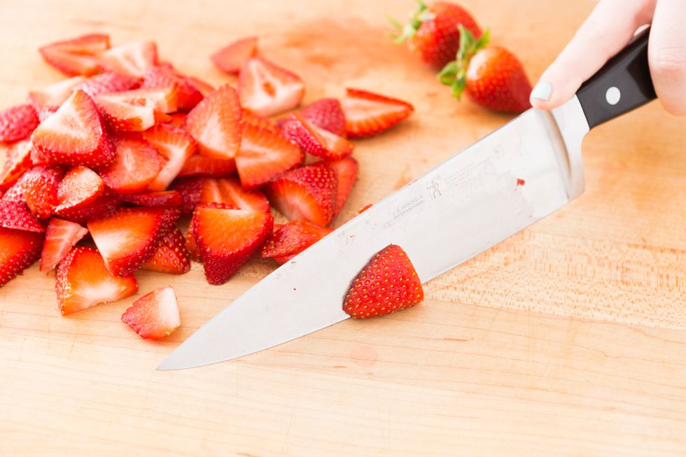Thinly slice your strawberries.