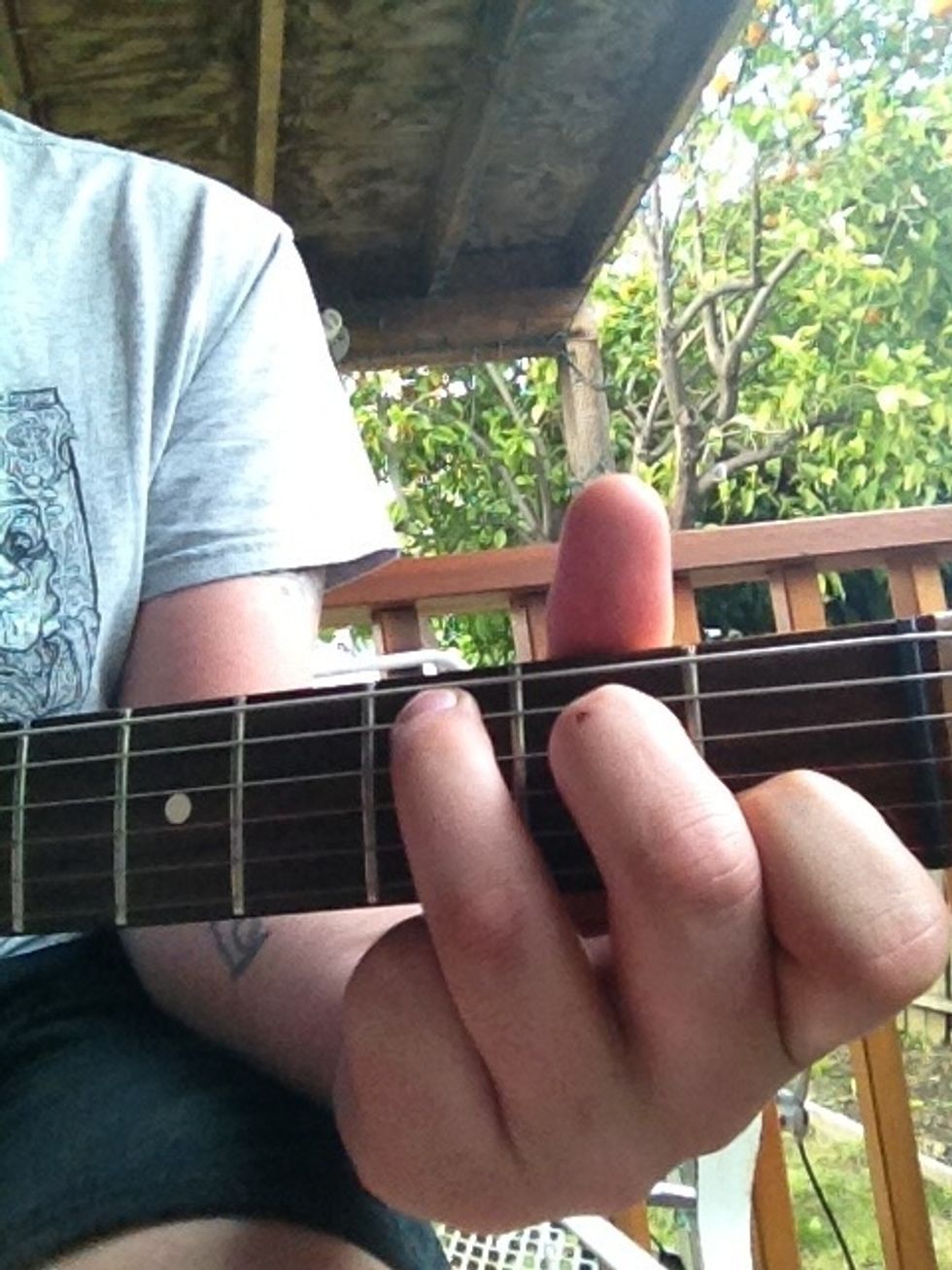 Third chord is C. Fifth string third fret, fourth string second fret, and second string first fret. Play the other strings open. A little tricky chord for beginners but once learned very useful.