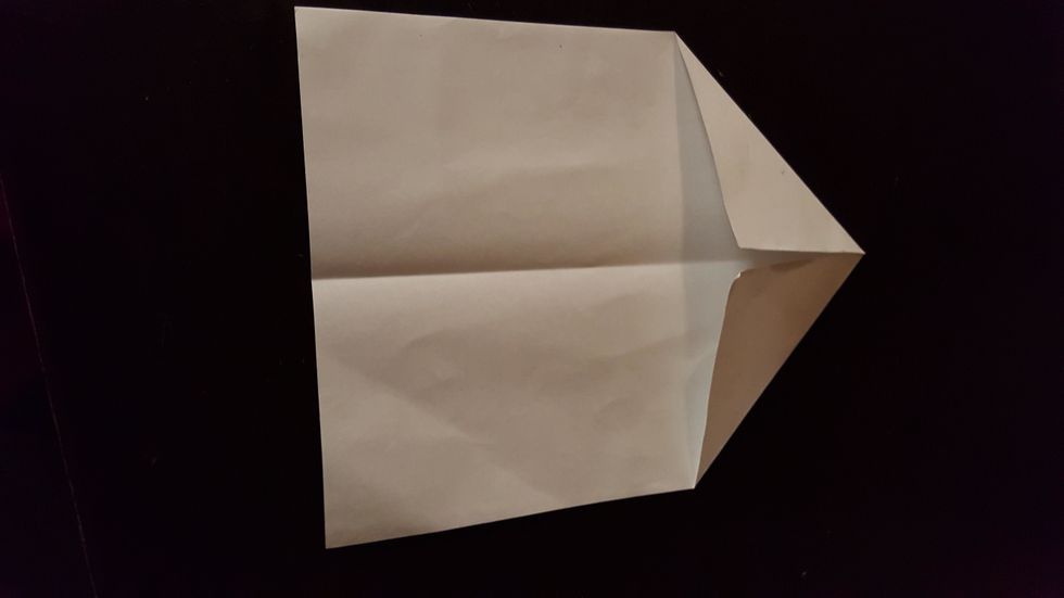 Third, fold top two corners down to the fold line in the center.