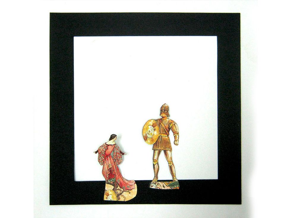 Third layer: Cut knight and red princess from Dazzling Damsel paper and attach to bottom side of frame.