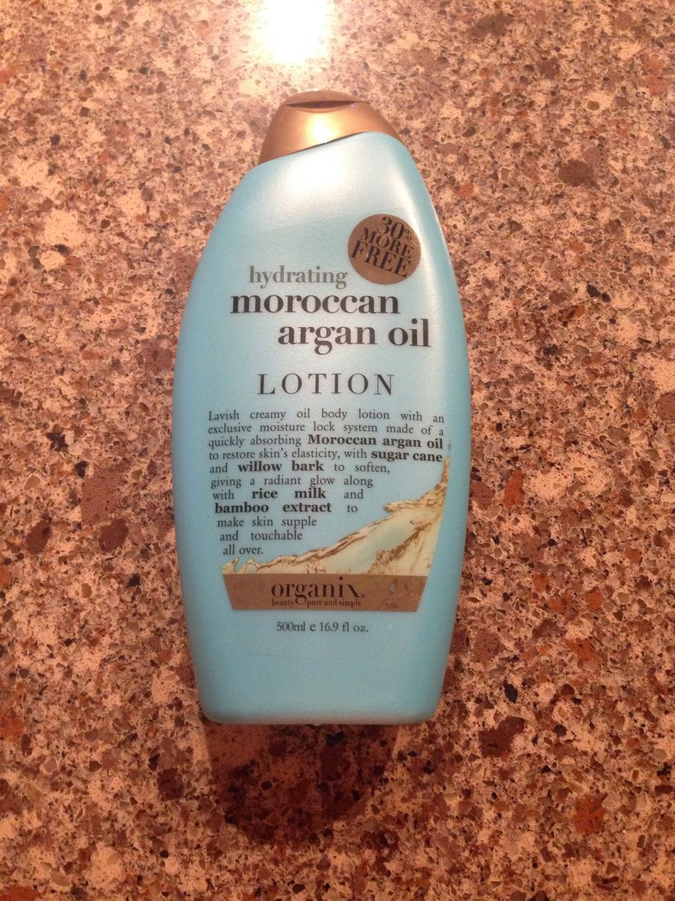 Third, rise. The. When you are done with your shower, get out your favorite lotion. I recommend this Moroccan argan oil. It smells absolutely delicious, and it provided long lasting hydration.