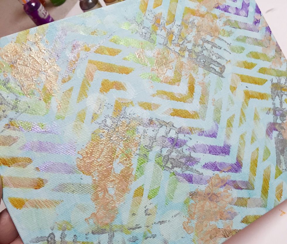 third stenciled layer added; set aside to dry.