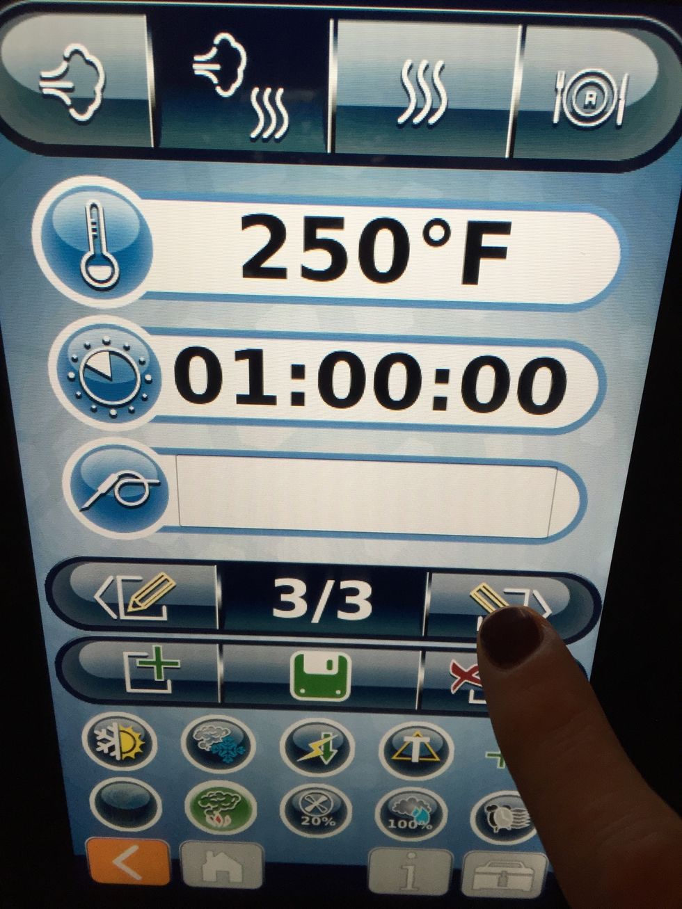 Third step: combi mode - 250F (121C)- 1 hour - smoker ON. (Select next).