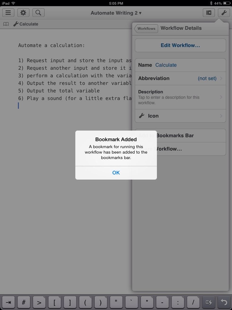 This adds a bookmark right above your text window for easy access of frequently used workflows.
