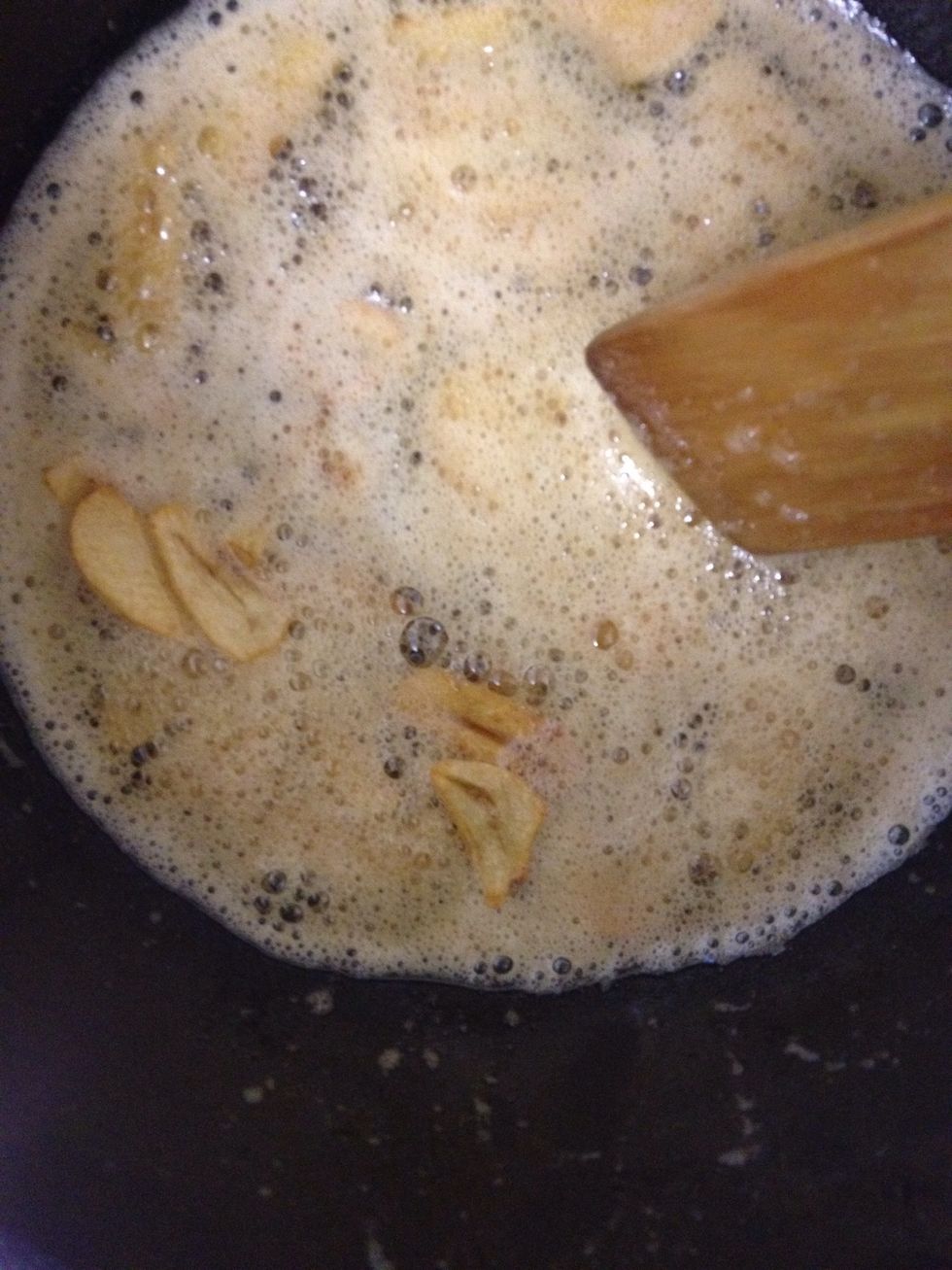 This butter is foamier and browner than I'd like (unusual for me), but it tasted fine! Cook your garlic until it starts to brown, then add the spinach to the pan.