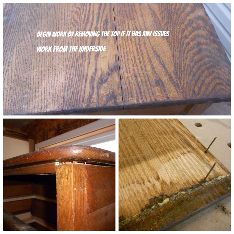 This cabinet had a major crack in the top and a loose top rail requiring that they be removed and re glued . If repairs to the top are needed loosen it from the bottom to avoid damaging the surface.