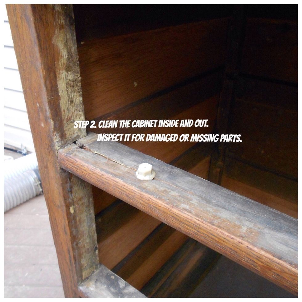 This cabinet had a tough life. It had a lot of dirt and mold, missing drawer slides, and a split rail. It also had a split in the top. None of these issues were major.