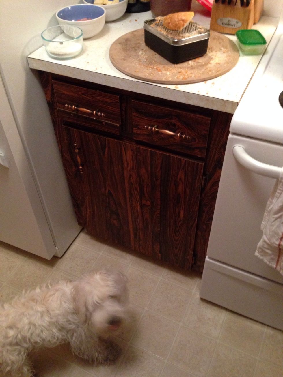 This can get really messy, so I had my Schnoodle vaccum Muffy ready to clean up all the crumbs on the floor :)