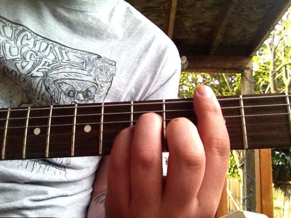 This chord is the C minor I mentioned before. Bar out the third fret while fourth and third strings are played on the fifth fret and second string on fourth fret.