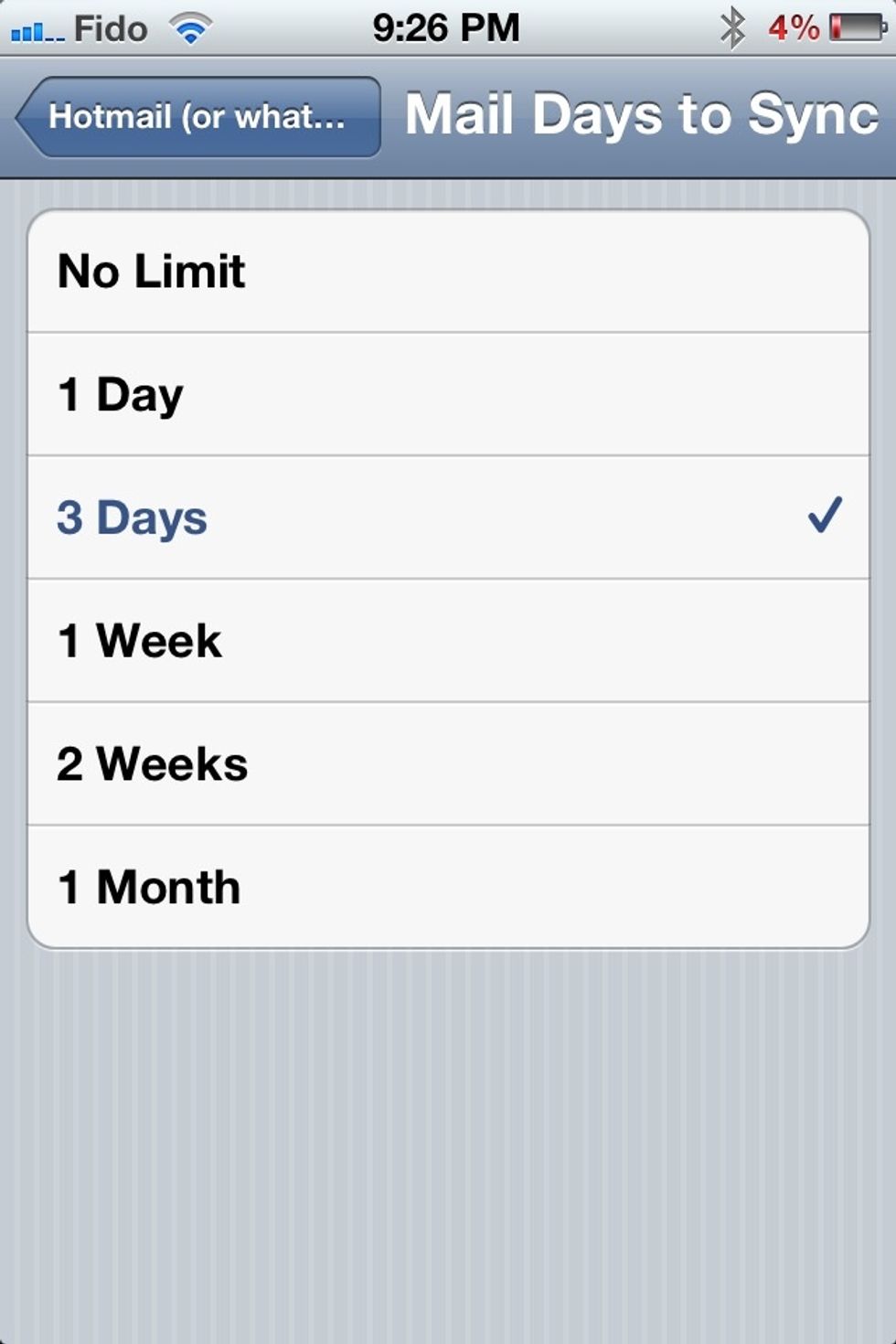 This determines how many days, relative to RIGHT NOW, do emails sync with your account. Most people might want to change this to a week or two. With 'No Limit' your device could slow down.