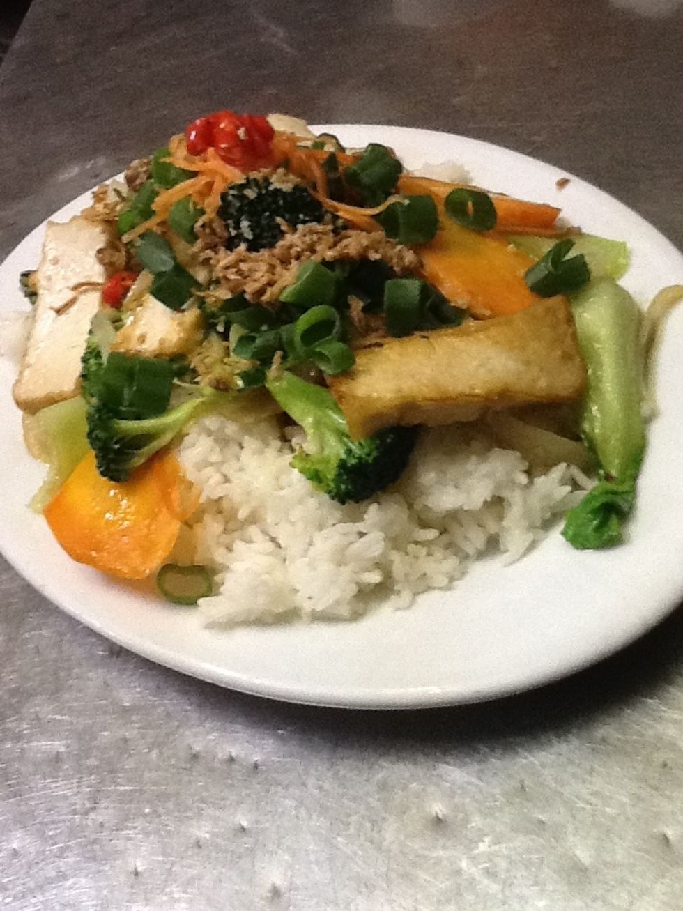 This dish is a heathy and delicious dish but when I have this I like to add some chopped up chilli on top to give it spice.