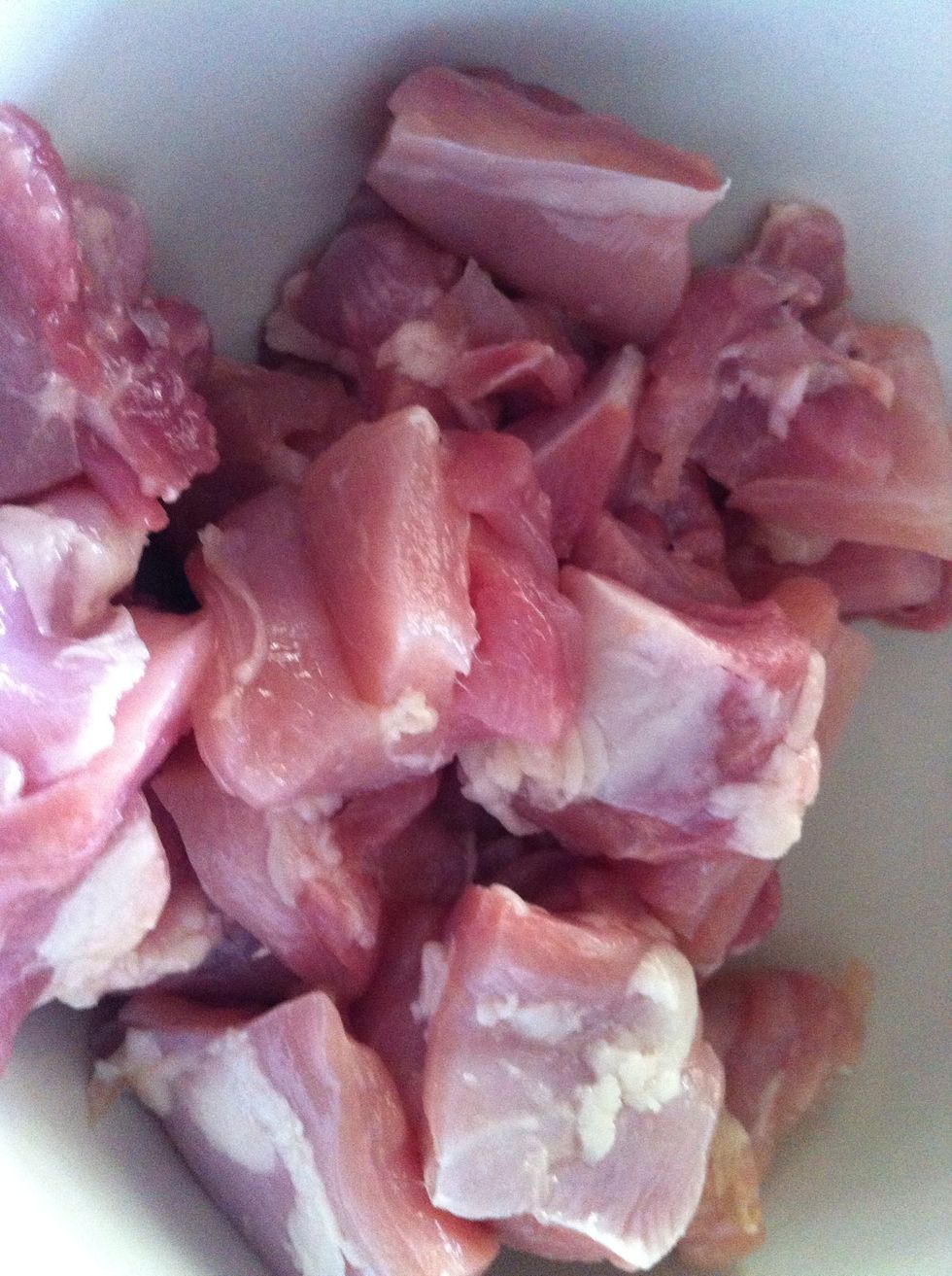 This dish is tasty with chicken wings or thighs skin on but here I am opting for a healthier version-hence the boneless skinless chicken thighs. Diced into medium size cubes