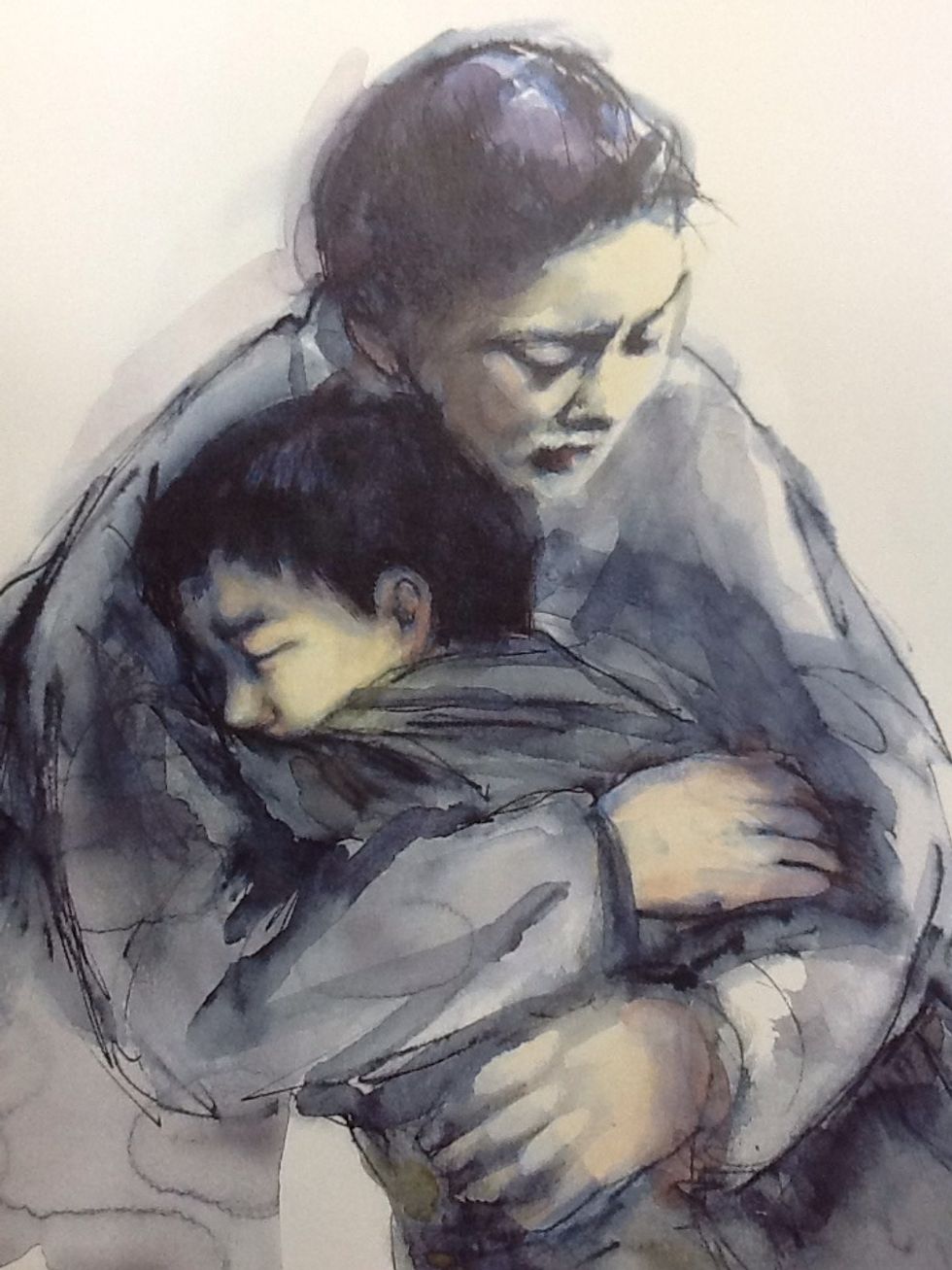 This drawing of a mother and her son hugging show their emotion for each other and symbolises what they are trying to do or say without using words .