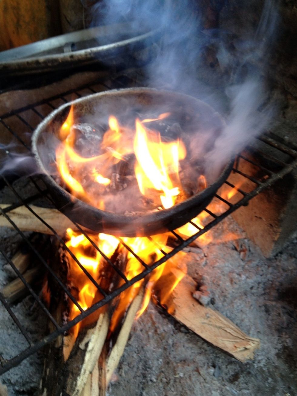 This flame will enrage so have your sand ready to put out the fire. The roasting time is around 10 min. Continue to stir the seeds while roasting.