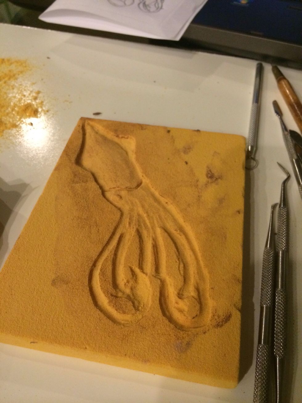 This foam has been carved into and will pop out from my clay.