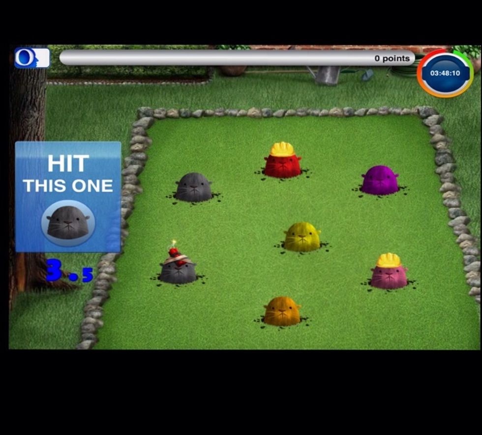 This game is also tricky because the moles change colors and move all over. Sometimes the moles wear construction hats and need to be clicked twice. Avoid hitting moles with dynamite.