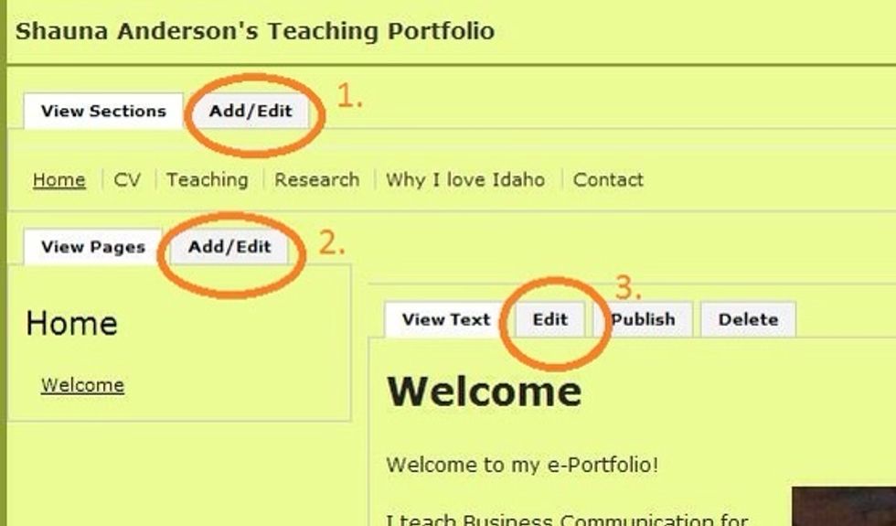 This guide explains how to add a section to your e-Portfolio. (Sections are demonstrated by 1. in the image.)