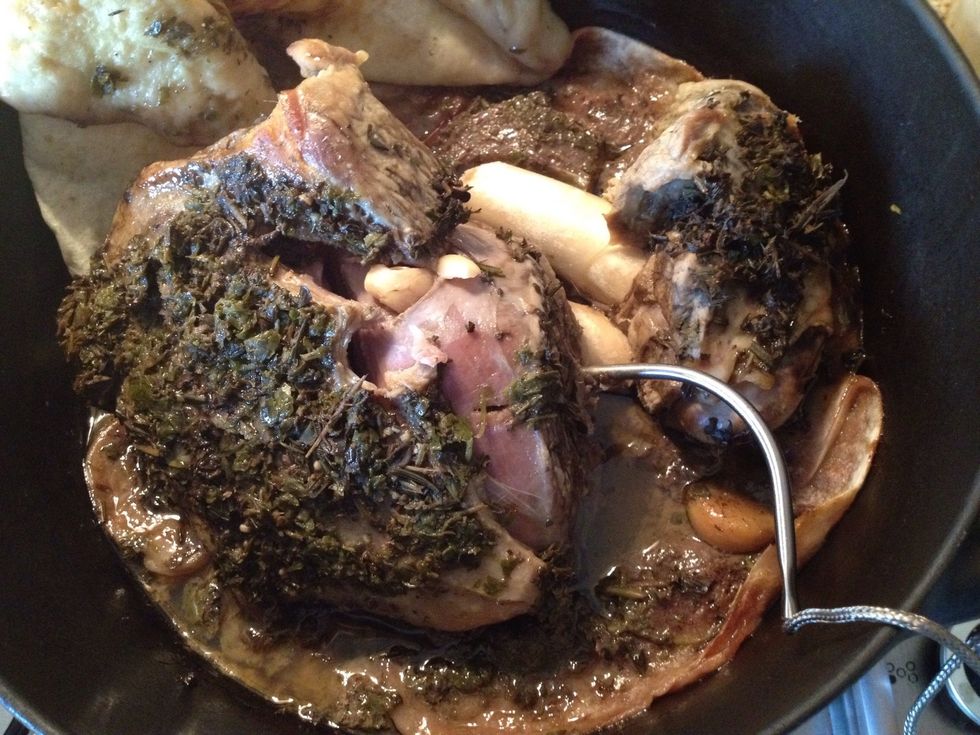 This have now been in the oven for 8 hours. The meat is falling off the bone, the core temperature is 183 f and the cartilage that holds the meat fibres together has melted.