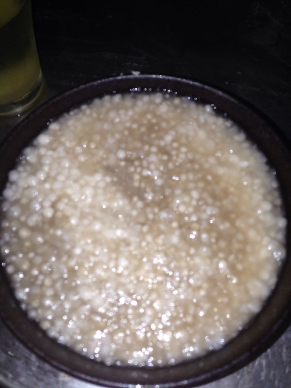 This how the sago will look a like after half an hour in hot water. The sago will become soft and translucent, thickening the mixture (inside the pot).