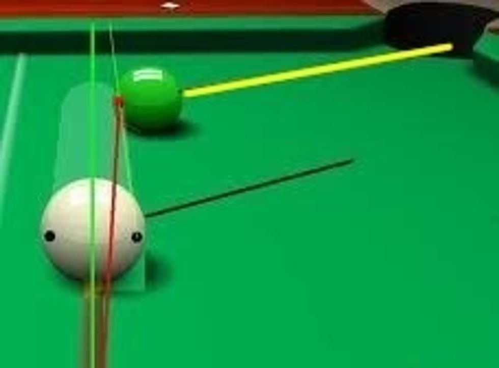 This image illustrates where you should aim. Picture the ball where it needs to be to make contact with that center line to the pocket. And aim for that imaginary ball. Note where the balls contact.