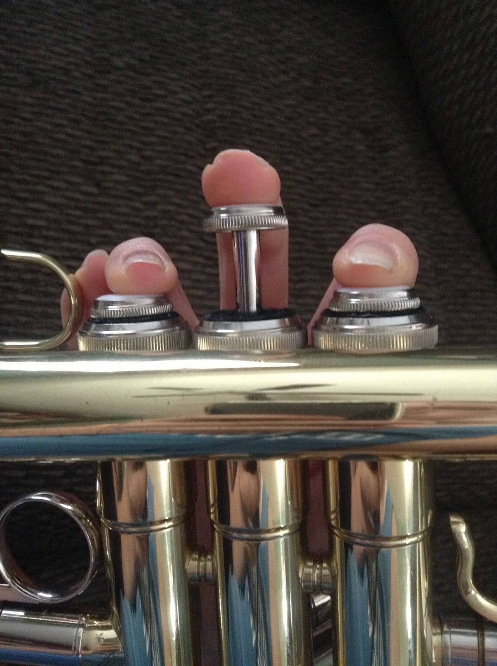 This is a D. The first and third valves are down, low air. Be sure to kick out your slide a bit when you play this note, or else it will be out of tune.