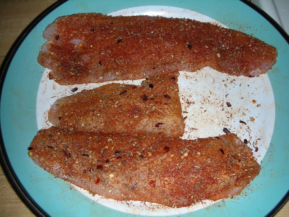 This is a decent coating.  Let the spices absorb into the fish while the skillet heats up.