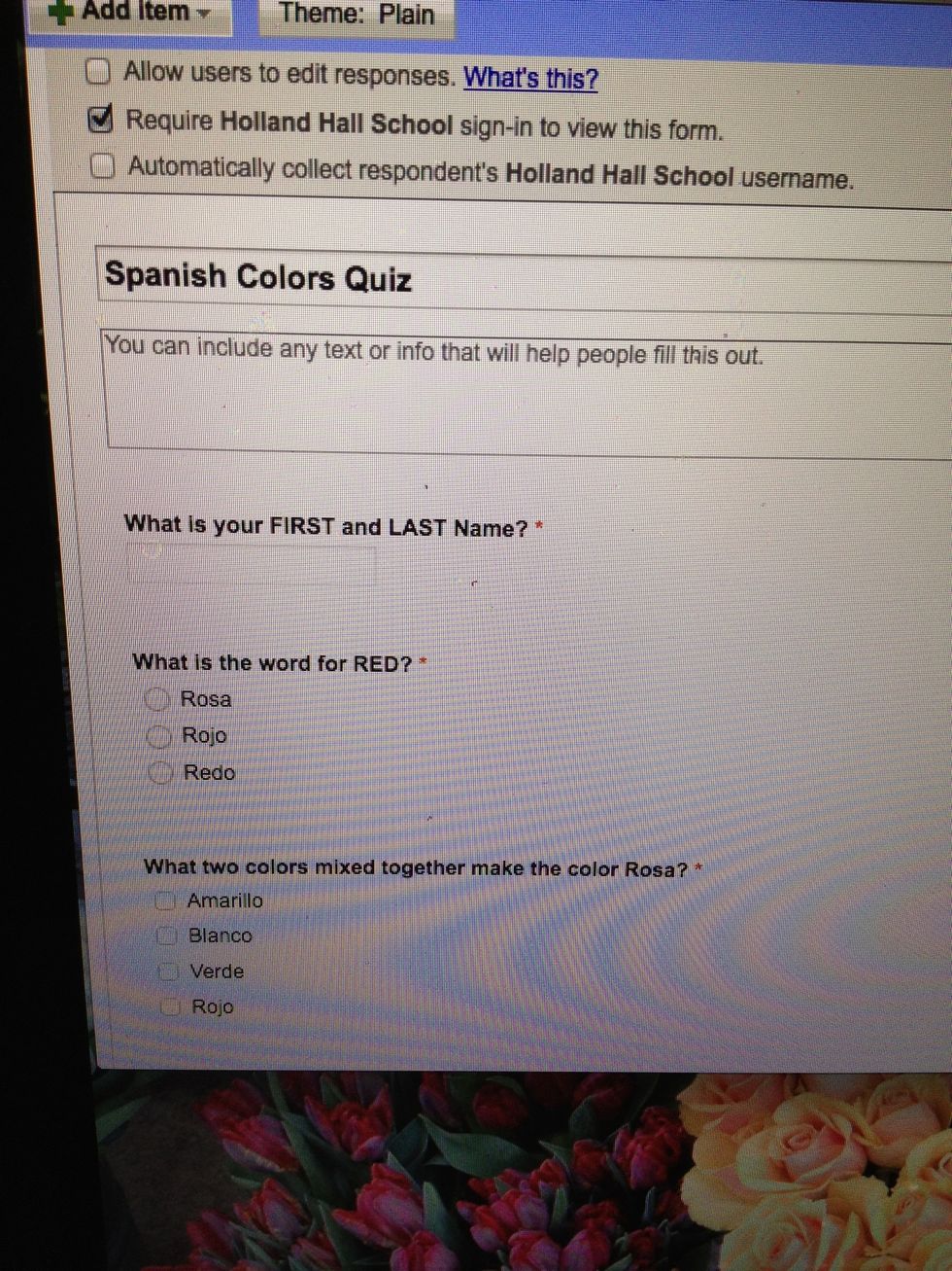 This is a different type question so the choices are boxes instead of circles. I can pick the two colors that make pink!