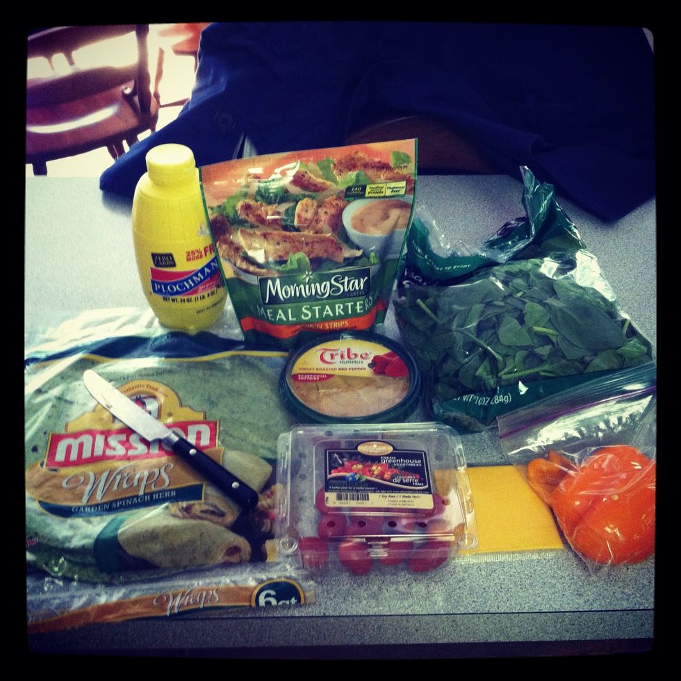 This is a healthy wrap for lunch. I myself am a pescaterian so I only eat seafood for meat. So you could easily use real chicken.