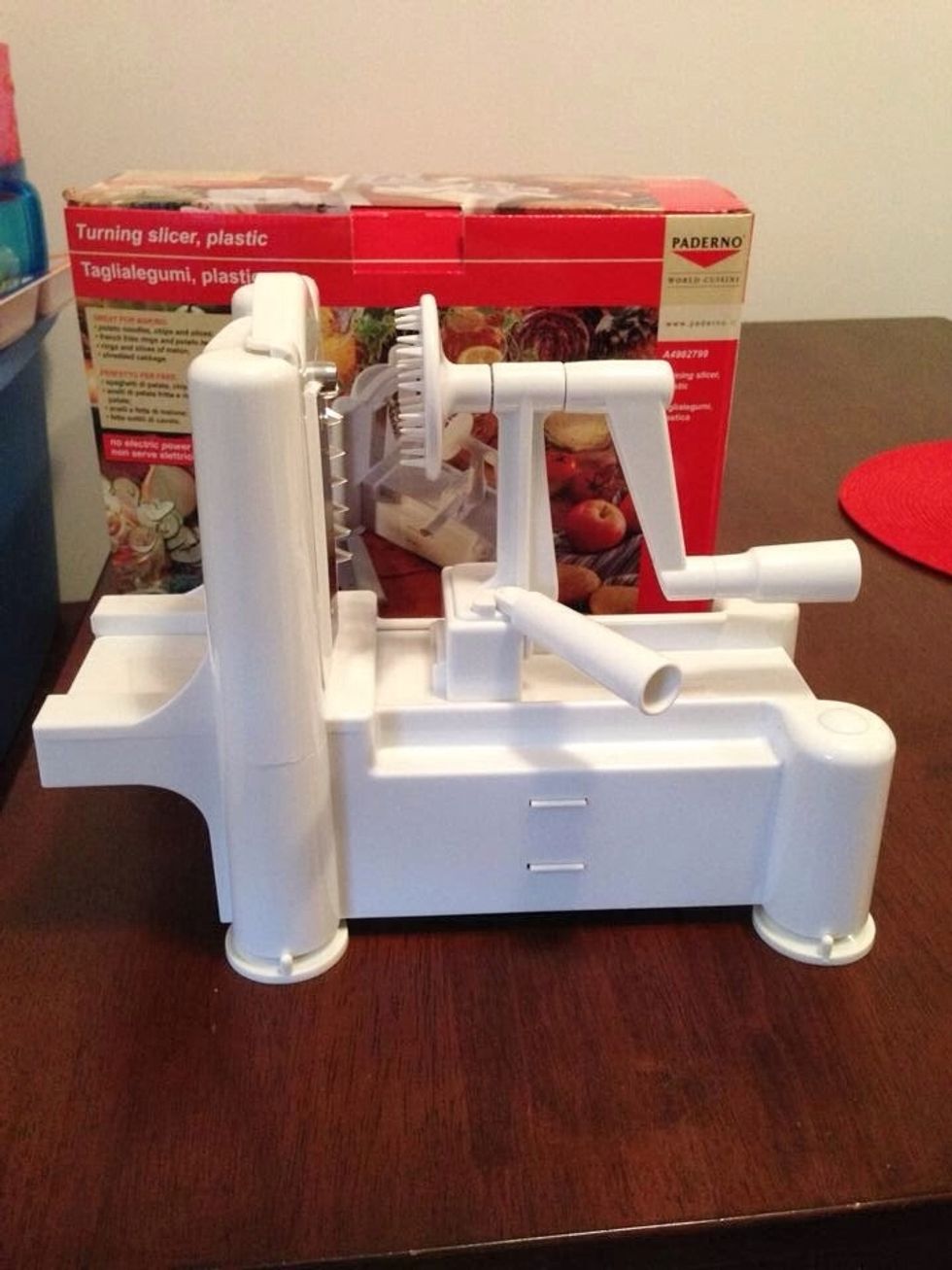 This is a Paderno spiral slicer. It can be purchased online through Amazon.com or Williams Sonoma. Place it on a flat smooth surface & push down so the suction cups get a good grip.