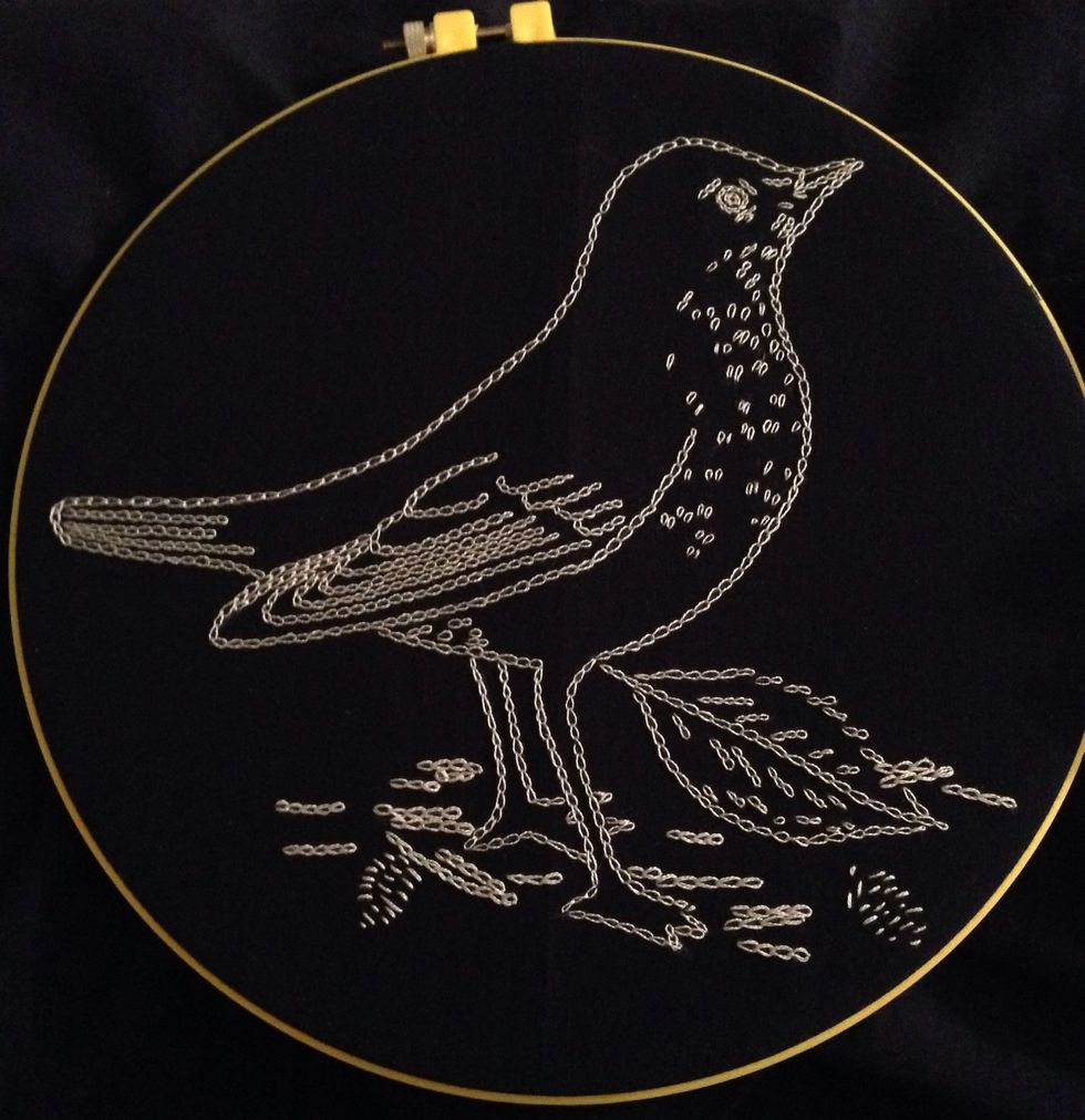 This is a similar finished project I completed using the chain stitch and the same fabric and thread.