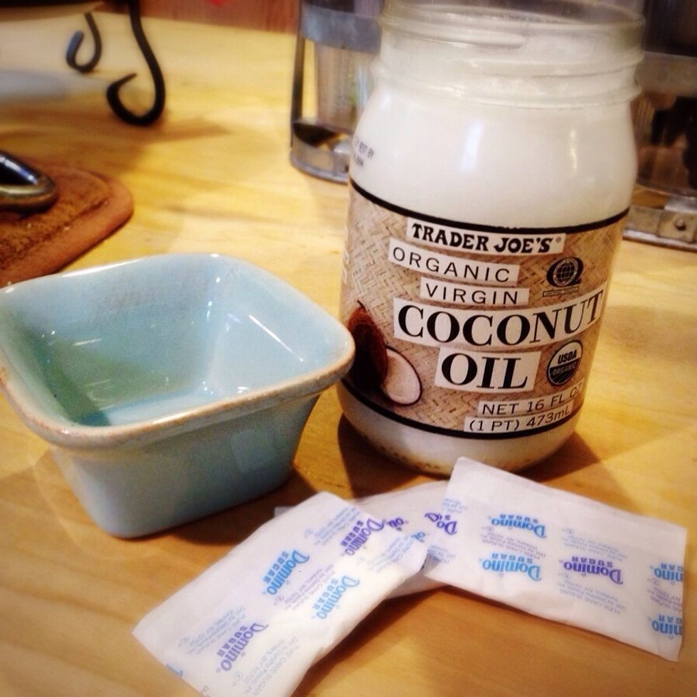 This is a simple lip scrub to help exfoliate your lips and moisturize at the same time. Gather together your two ingredients and little bowl.