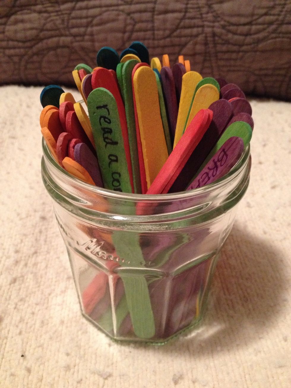 This is about 70 sticks in a jelly jar. Leave where these are accessible and use them as often as you can! Just 5 minutes of breathing or watching clouds can refresh you! TAKE CARE!