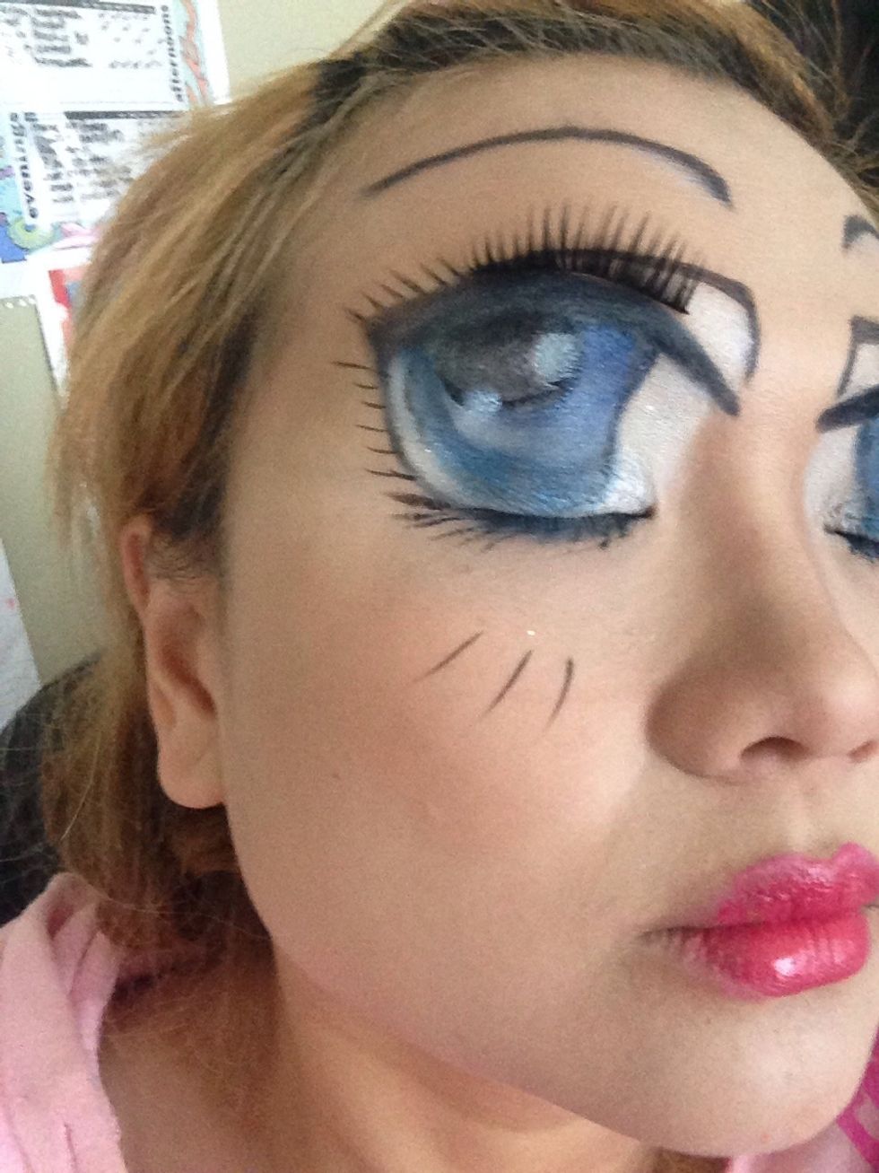 This is after I added two white dots to create a realistic cartoon eyes and more lashes drawn and I extended the blue all the way down
