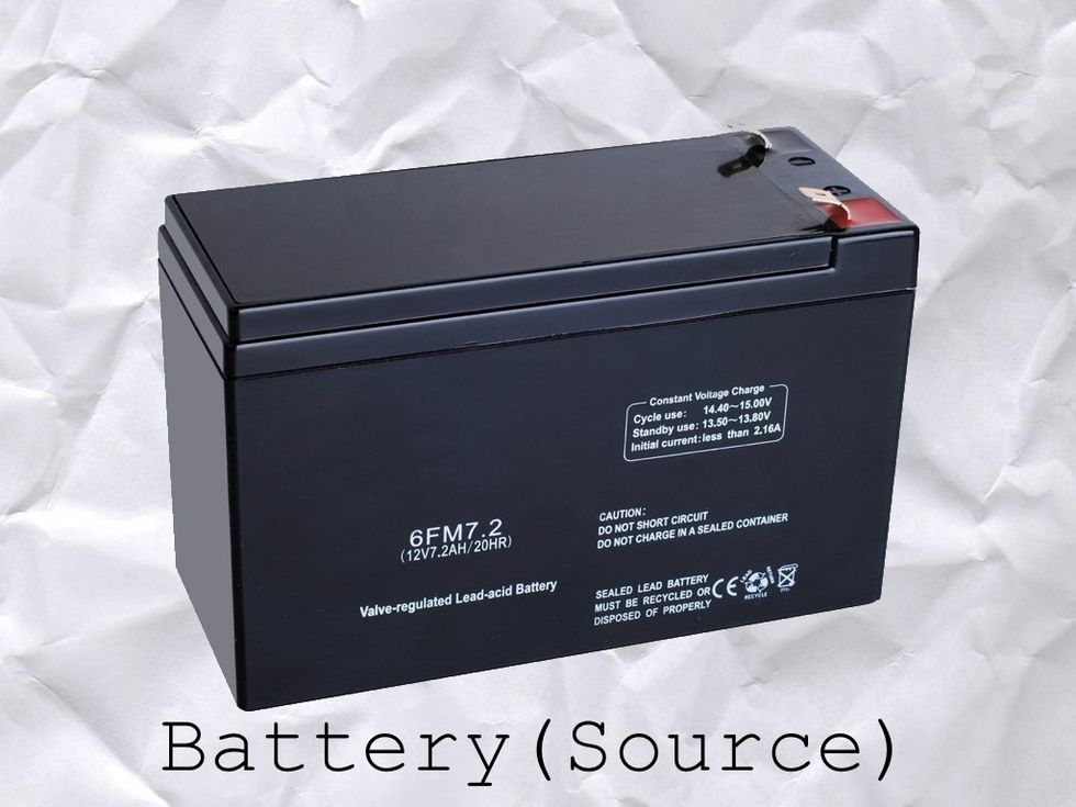 This is an ELECTRON PUMP also known as a BATTERY. It pumps out electrons just like a WATER PUMP pumps out water. Water also is made of TINY TINY TINY things. This is the SOURCE of electrons.